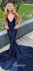 Deep V-neck Long Mermaid Navy Prom Dresses, Elastic Satin Long Prom Dresses, Cheap Prom Dresses