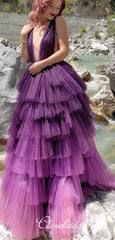 Deep V-neck Gradient Purple Tulle Prom Dresses, Lovely Fluffy Prom Dresses, New 2020 Prom Dresses