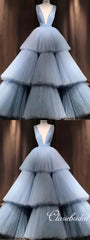Deep V-neck Luvury Blue Tulle Bridal Gown, Long Wedding Dresses