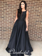 Black Satin A-line Prom Dresses, Long Prom Dresses, Popular Prom Dresses