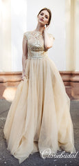 Cap Sleeves Yellow Tulle Lace Long Homecoming Dresses, Prom Dresses