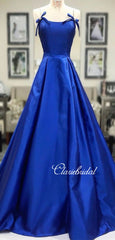 Beaded Straps Long A-line Royal Blue Satin Prom Dresses, Simple Satin Prom Dresses, Long Prom Dresses