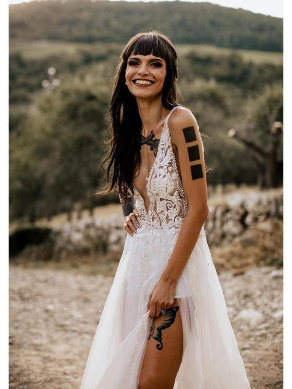 Deep V-neck Lace Tulle Wedding Dresses, Side Slit Sexy Wedding Gown, Beaded Boho Wedding Dresses
