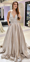Deep V-neck Prom Dresses, Shiny Satin Prom Dresses, Spaghetti Prom Dresses, Long Prom Dresses