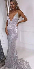 Deep V-neck Silver Sequin Long Mermaid Prom Dresses, Newest Sexy Prom Dresses