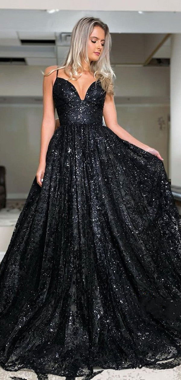 Black A-line Sequins Long Prom Dresses, Plunging V-neck 2021 Prom Dresses Long