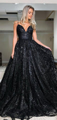 Black A-line Sequins Long Prom Dresses, Plunging V-neck 2021 Prom Dresses Long