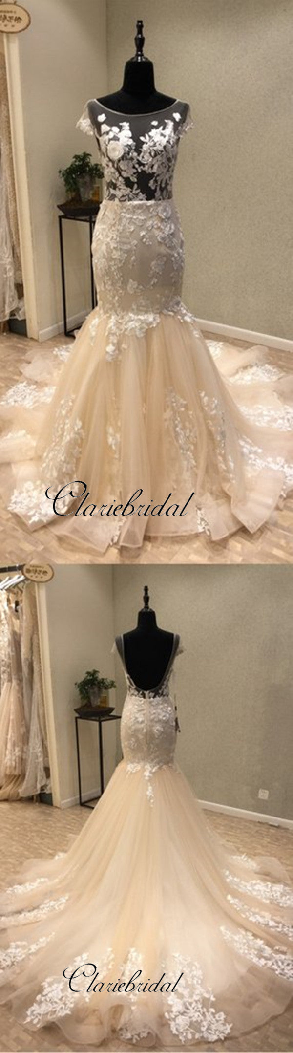 Cap Sleeves Mermaid Backless Sexy Lace Long Wedding Dresses